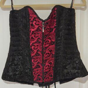 Gothic Brocade Lace-Up Corset Steampunk Black & Red Victorian Front Zipper XL